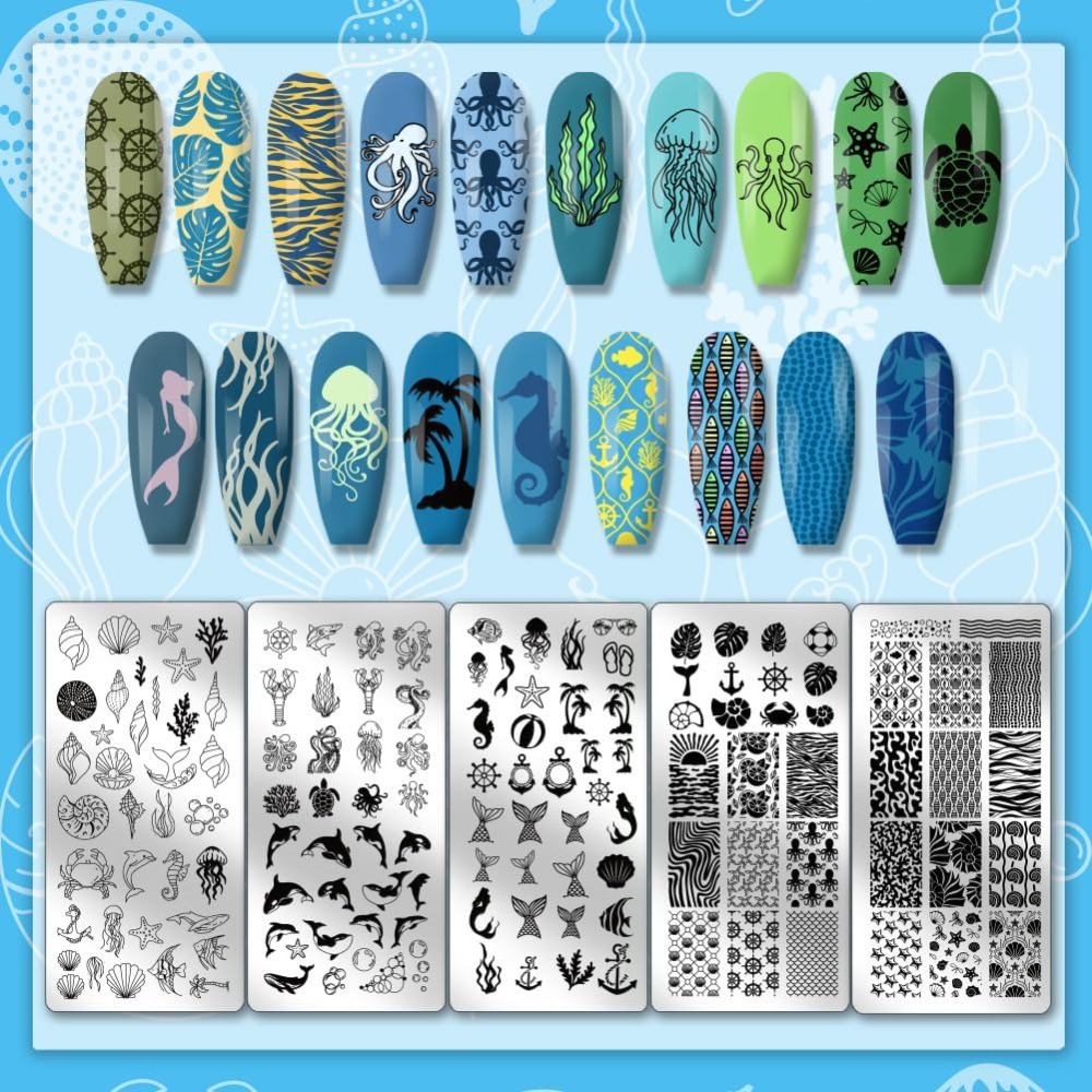5pcs Ocean Theme Nail Stamping - đánh giá và giá Nail Art Inspo
